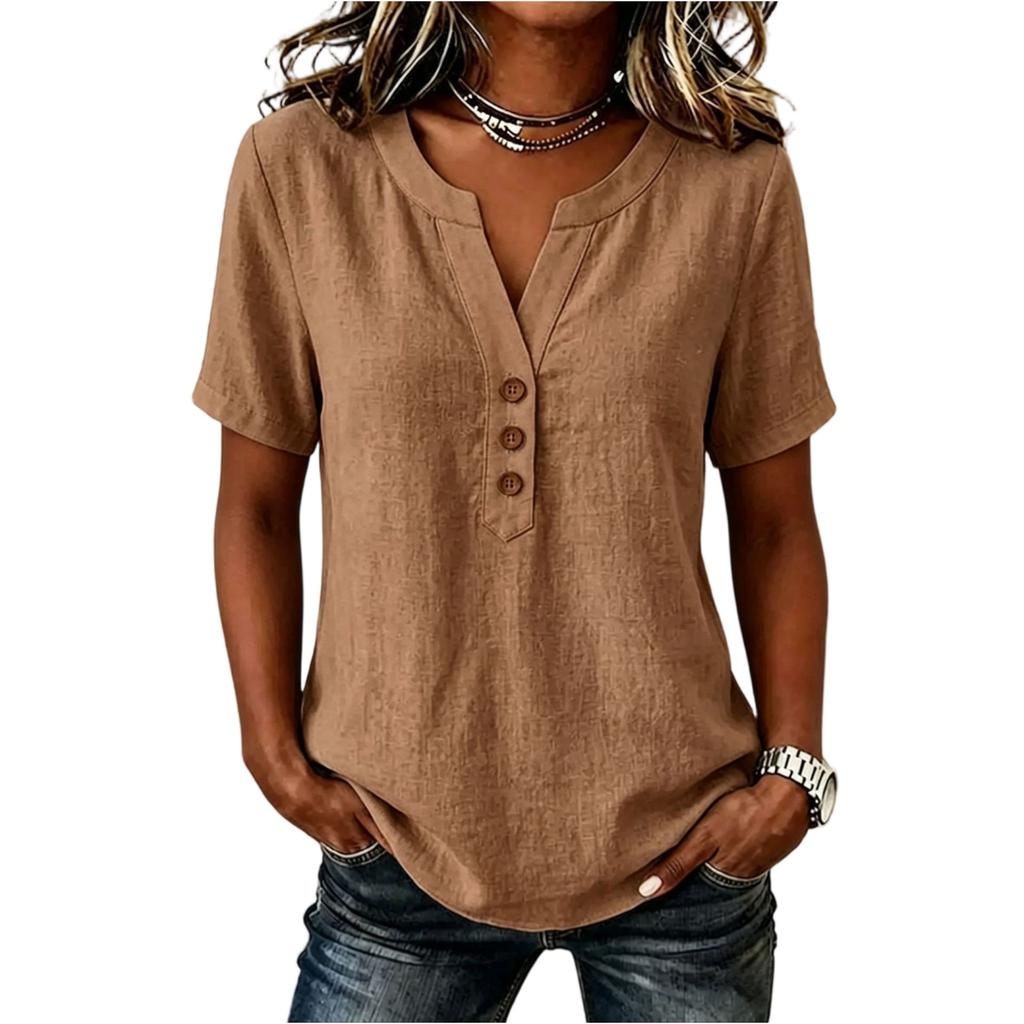 Women's Casual V-Neck Button Blouse Loose Fit Color Cotton Linen Top