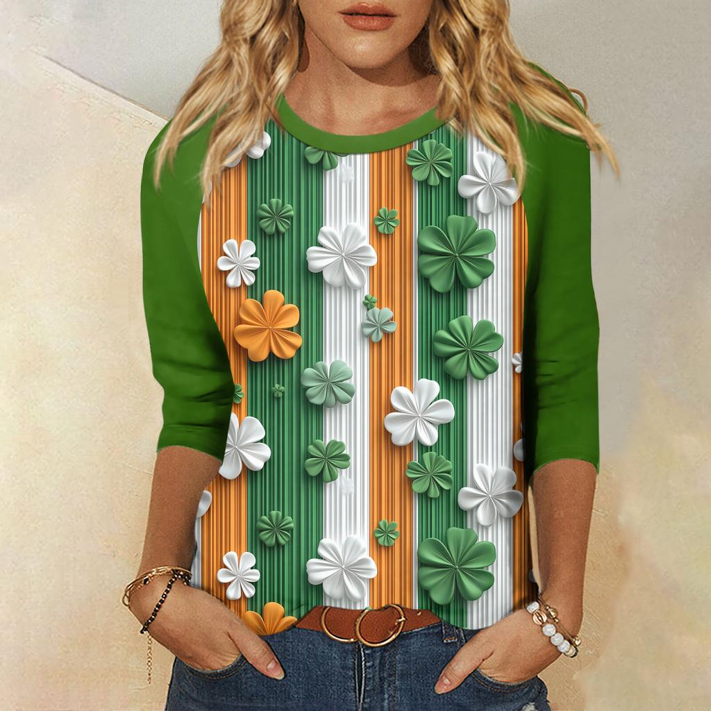 Women's  St. Patrick's Day Print Round Neck Three-Quarter Sleeve Top