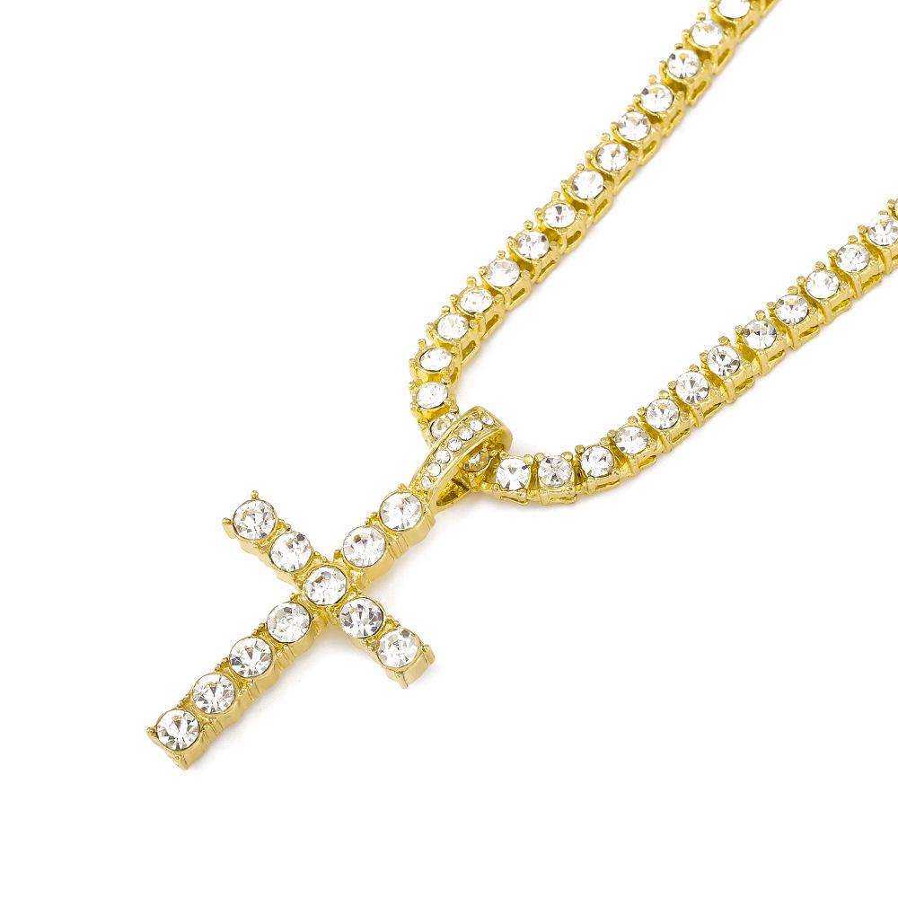 European & American Style Rhinestone Cross Pendant Necklace with 4mm Tennis Chain - Trendy Men's Hip Hop Accessories