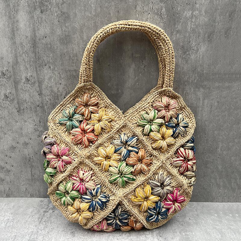 Handmade Crochet Flower Straw Bag Bohemian Raffia Beach Bags for Women Handbag Summer Travel Woven Shoulder Bag Cue Shopper Tote