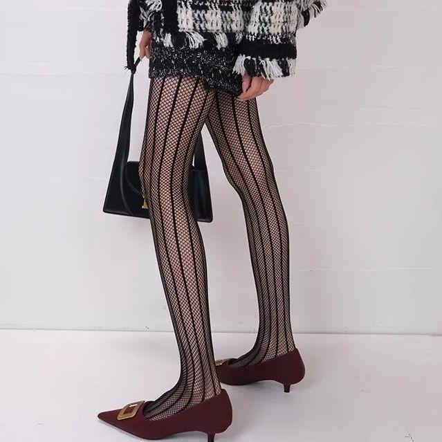Women Vintage Solid Fishnet Lace Pattern Tights Stockings Hollowed Rhombus Striped Geometric Jacquard Pantyhose Leggings