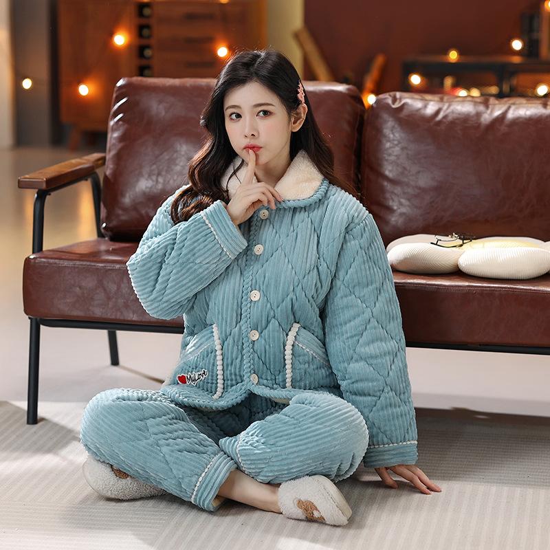 Pajamas Women's Winter Three-layer Thickened Padded Jacket Coral Fleece Lapel Super Warm Can Be Worn Outside Loungewear