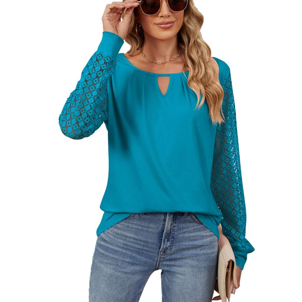 Fall Winter New Women's Solid Color Lace Splicing Loose Long Sleeve T-shirt Top For Cross-border Europe America