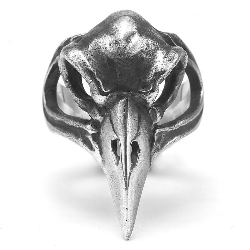 Anillo Abierto Ajustable Hombres Mujeres Vintage Punk Calavera Cabeza de Cuervo Pájaro Joyería Gótica de Plata Esterlina