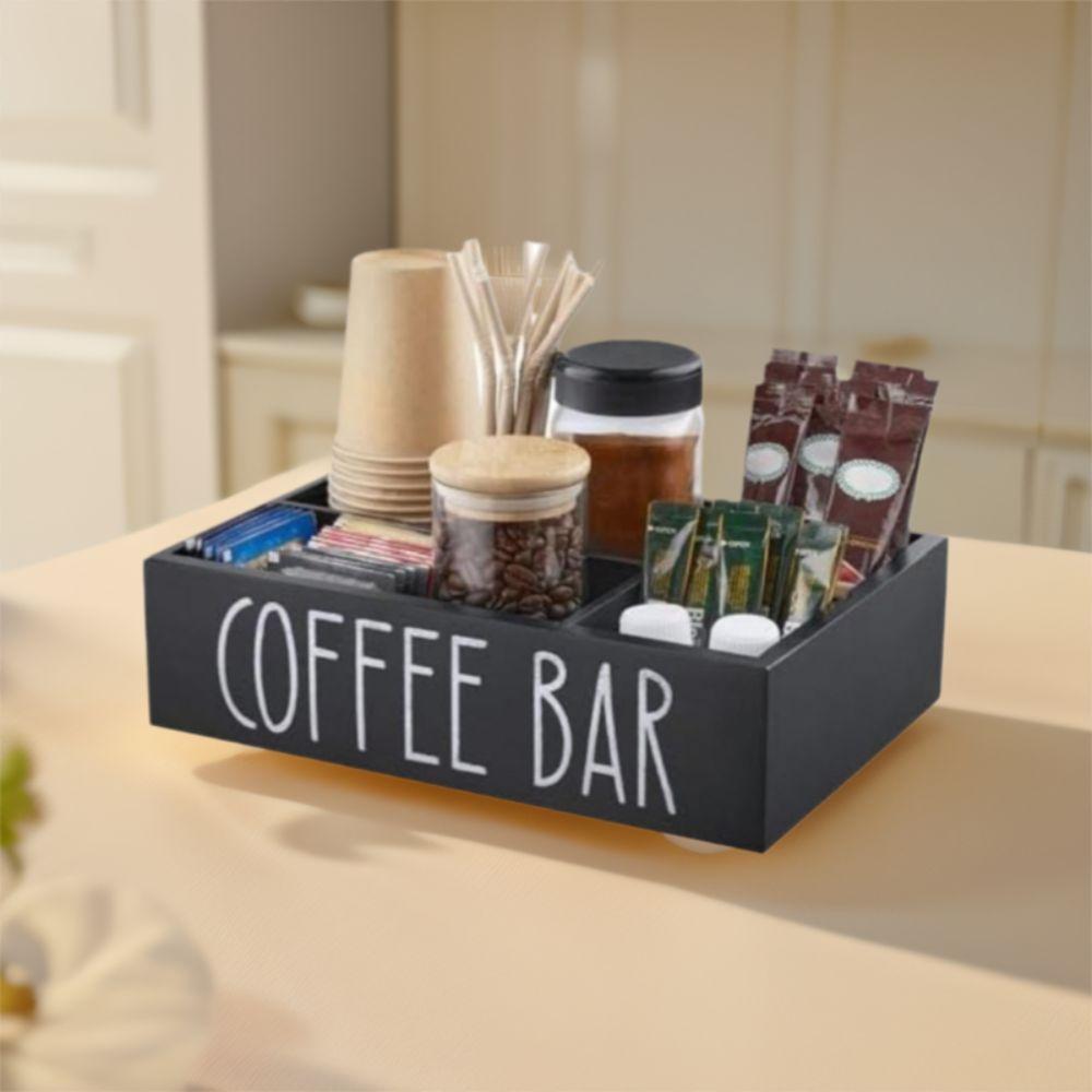 4 Compartments Wooden Coffee Bar Organizer Retro Style Condiment Storage Rack  Remote Control