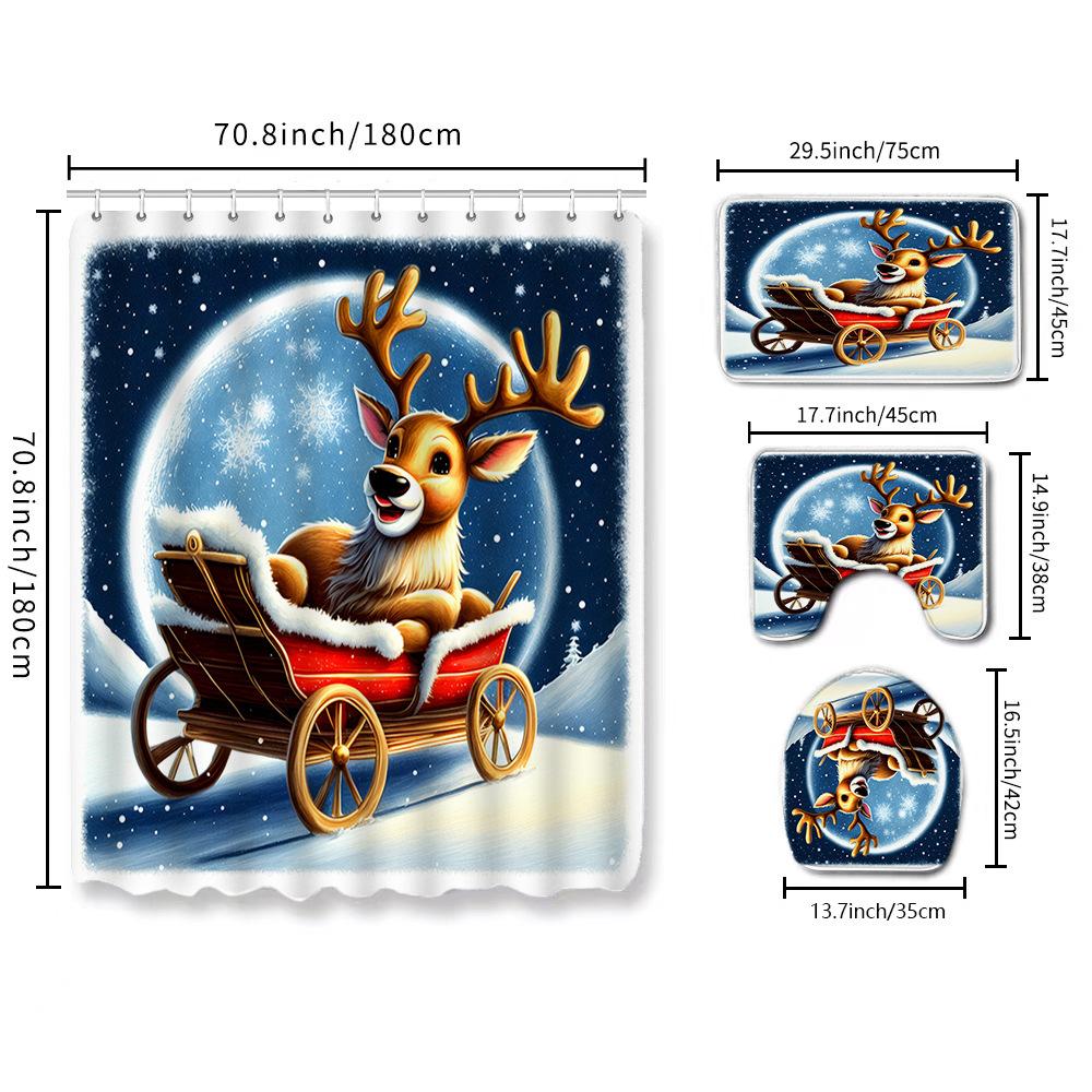 Christmas Toilet Cover Shower Curtain Floor Mat Set Santa Carpet Door Mat Foot Mat Non-Slip Mat