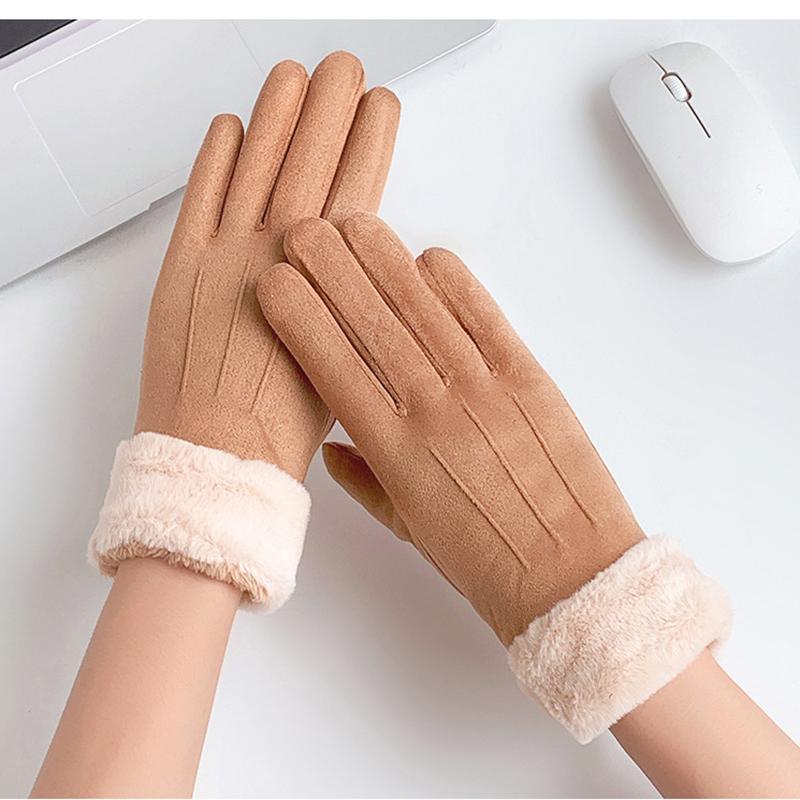 Winter Suede Leather Biking Gloves Autumn Thicken Female Warm Velvet Plush Mittens Women Outdoor Activity Touch Screen Driving Gloves