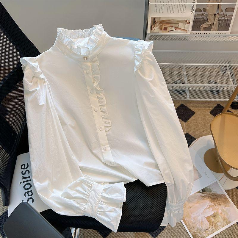 French Fungus Edge Shirt for Women Vintage Short Style Stand Up Collar White Shirt