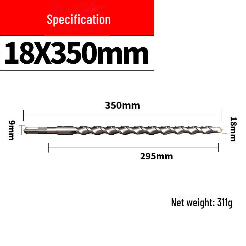 Impact Hammer Drill Bit for Drilling Through Concrete and Cement Walls with Round and Square Handles, Two Pits, and Two Grooves.