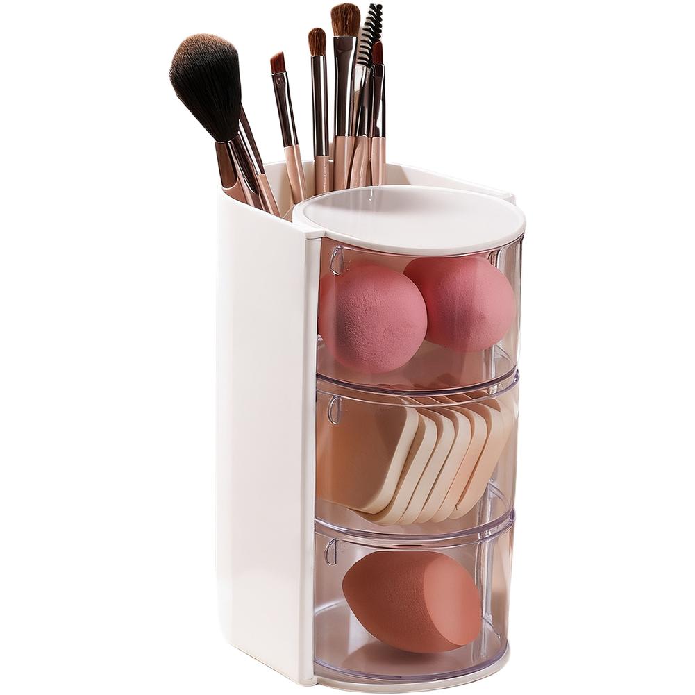 Transparent PET Rotating Makeup Organizer Box with 180 Degree Turn Cover for Brushes For Sponges and Beauty Tools