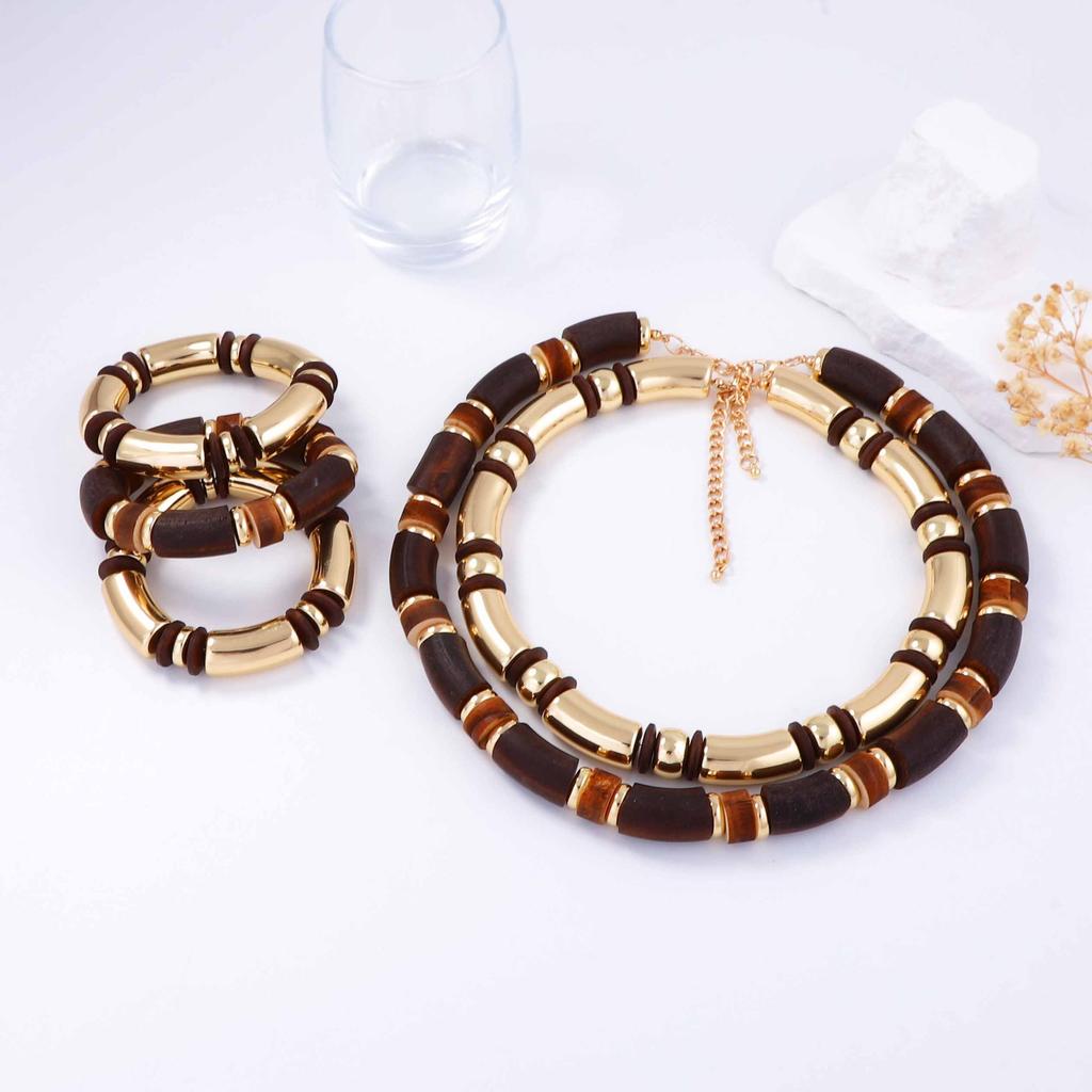 Personalized Trend American Double-layer Stacked Wooden CCB Bamboo Necklace Jewelry Set Versatile Women's Jewelry