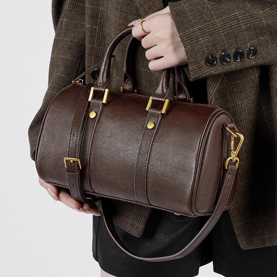 Leather Maillard Retro Handbag Women'S Bag Light Luxury Foreign Style Boston Bag Vegetable Tanned Cowhide Messenger Bag Bag