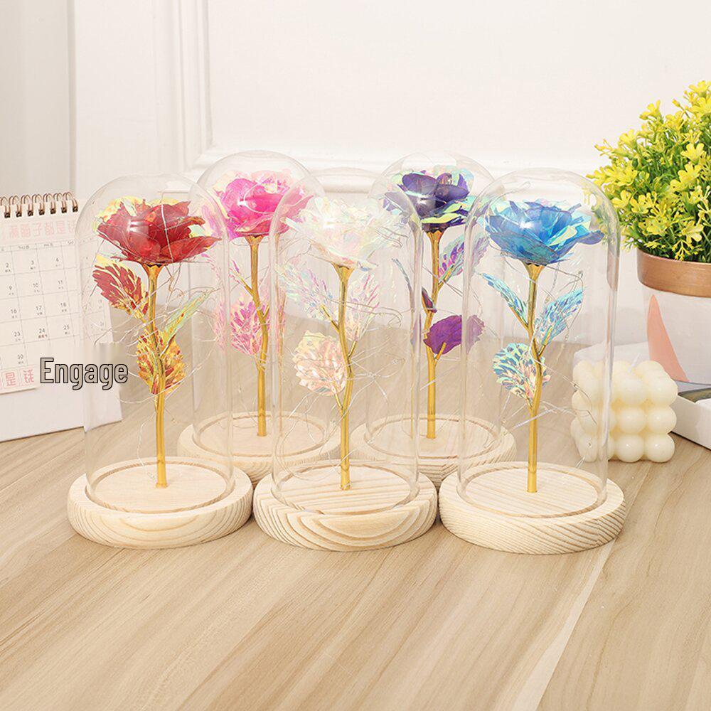 Gold Leaf Preserved Rose in Glass Dome with LED Light