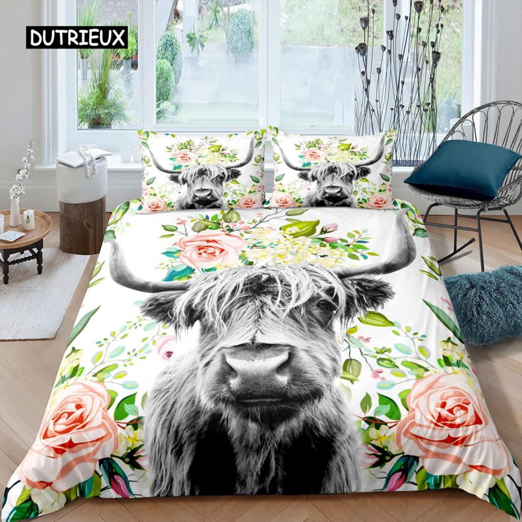 Highland Cow Duvet Cover King Sunflower Black Cattle Bedding Set Microfiber Farm Animal Cow Western Farmhouse Cattle Quilt Cover