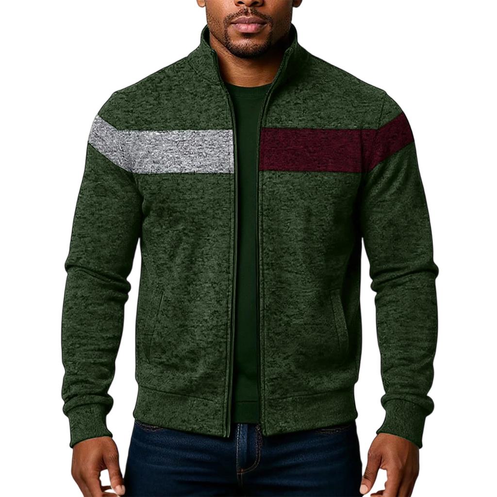 Men's Stand Up Collar Zipper Jacket With Cationic Splicing And Contrasting Colors For Casual Wear