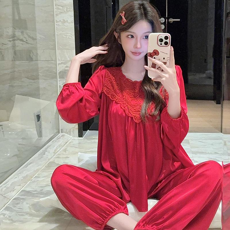 

Elegant Lace Women s Pajama Set - French Retro Style for Spring/Autumn Large вина червоного кольору