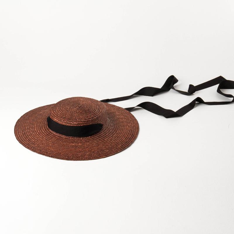 European and American spring and summer new light flat top big brim strap colored straw straw hat stage fashion show sunshade straw hat