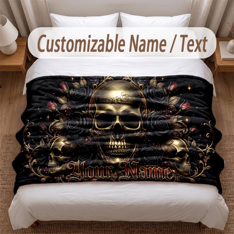 Skull Gothic Theme Soft Blanket Personalized Custom Name Text Print Warm Blanket Home Sofa Bedroom Decor