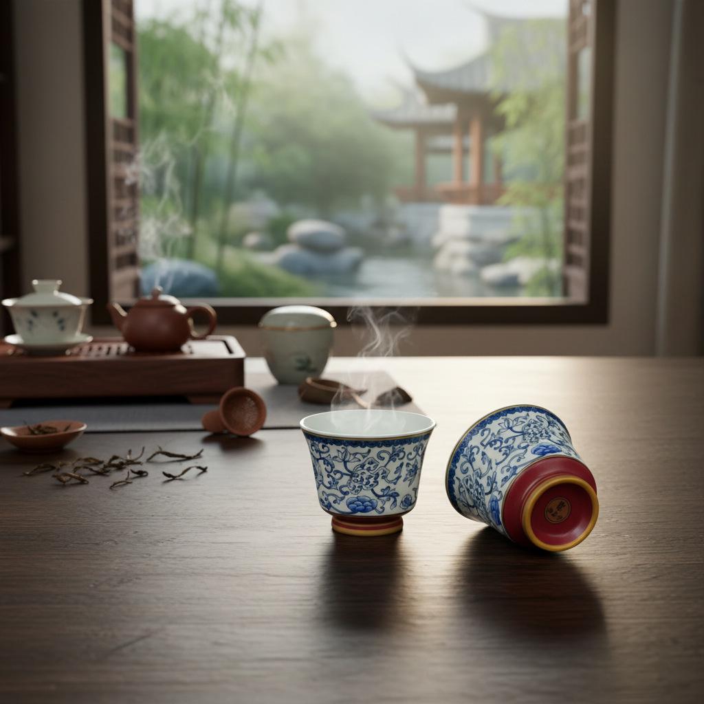 Blue and White Porcelain Lotus Kung Fu Tea Set: Enamel Teacup, Hovering Lid, Teapot, Saucer, and Master Cup.