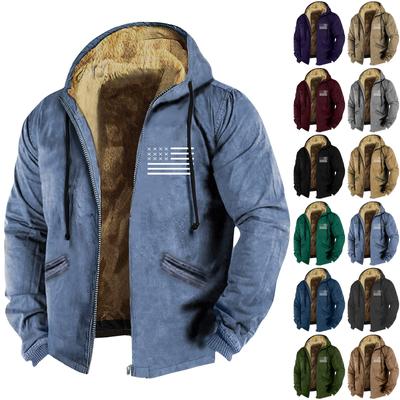 Men's Solid Color Flag Print Jacket Men's Spring And  Casual Trend Zipper Hooded Jacket
