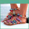 Elegantní Dámské Boho Sandály Gladiator Kožené Ploché Boty S Barevnými Pompony