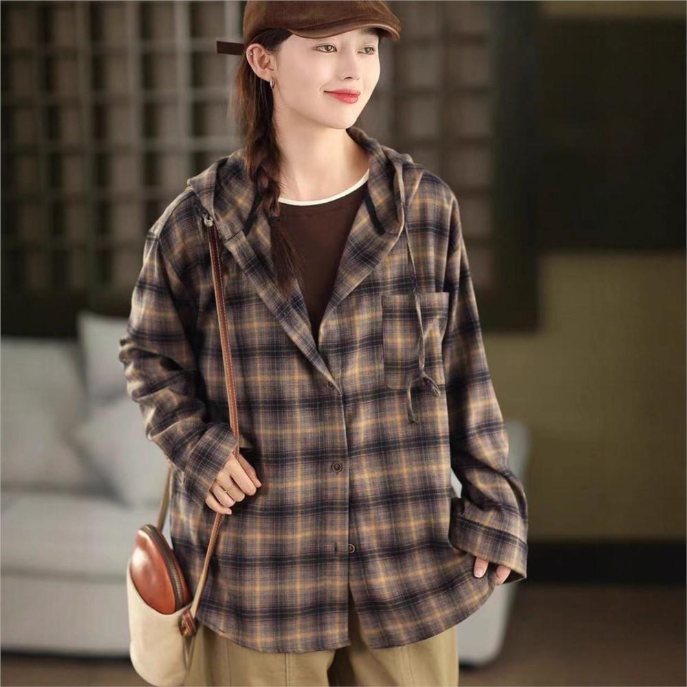 Johnature Women Vintage Plaid Shirts Hooded Autumn Blouses Button Long Sleeve Loose Cotton Soft Female Casual Shirts