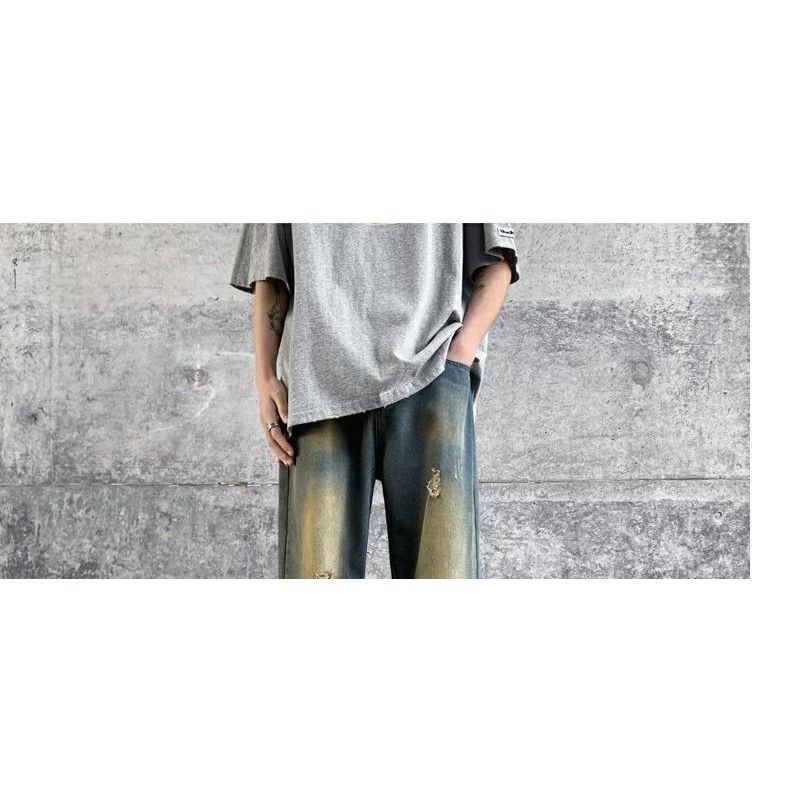 Men's Jeans Summer American Retro High Street Vibe Hole Pants Loose Design Sense Niche Wide-leg Pants