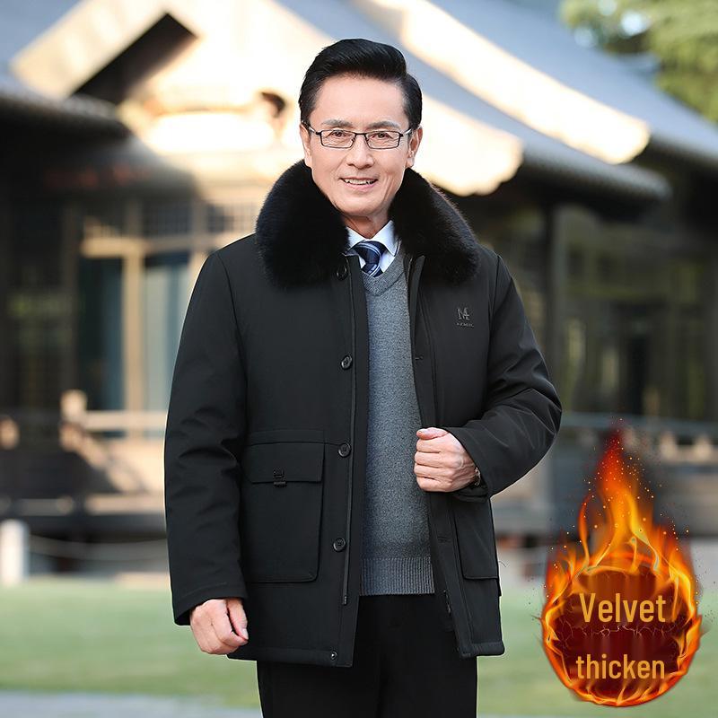 Men's Cotton Coat with Detachable Liner - Thickened Plus Velvet, Large Size Winter Jacket for Middle-Aged and Elderly.