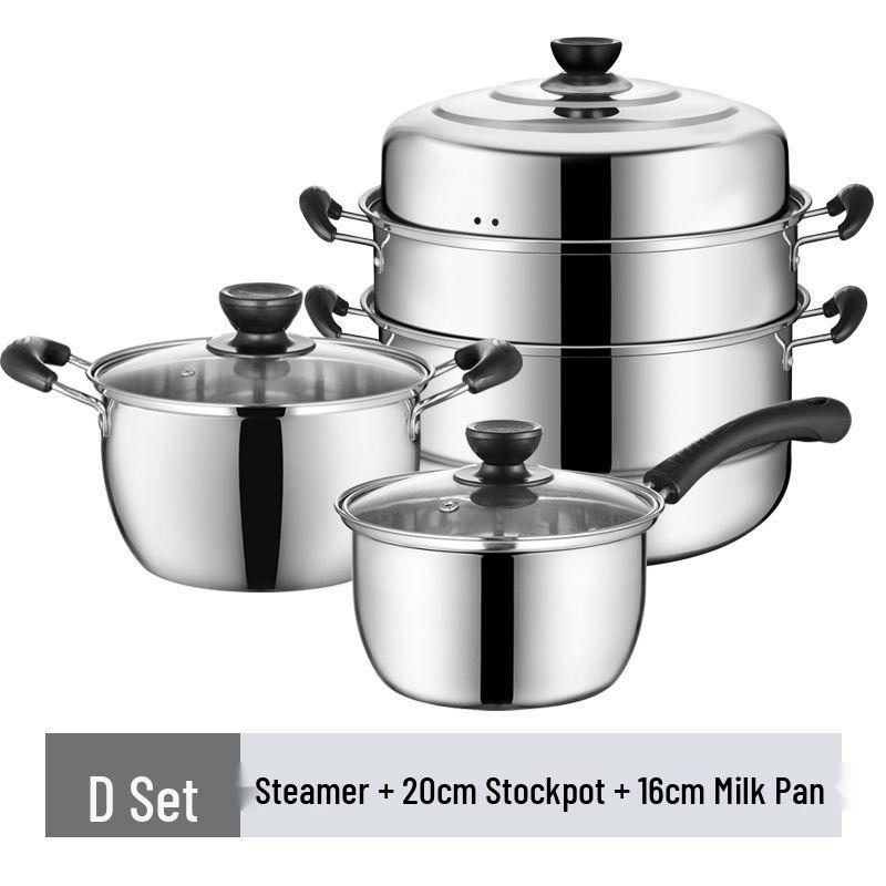 

Tilock Stainless Steel Cookware Set: Soup Pot, Milk Pot, Steamer, Wok with Rack, for Gas & Induction Cooktops.