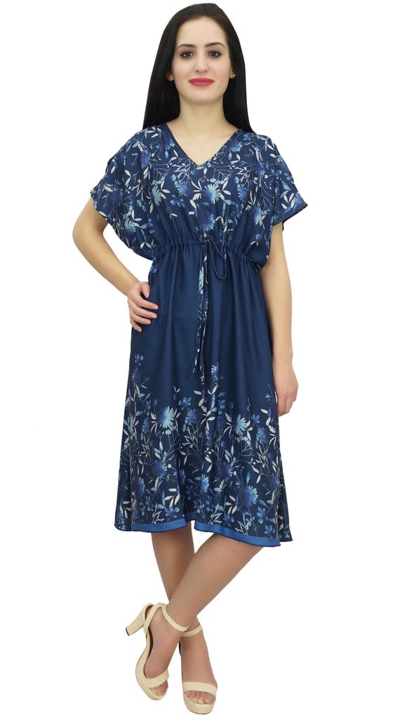 Bimba Women's Drawstring Waist Knee Length Dress Navy Blue Summer Casual