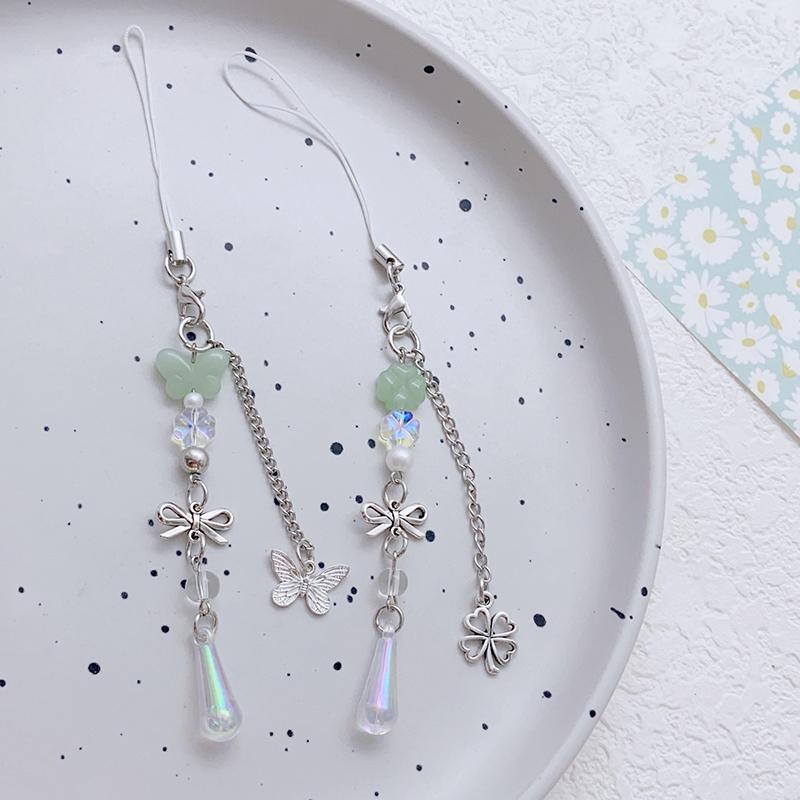 Artistic Style Butterfly Cute Pendant Phone Charm Rope Four Leaf Clover Key Chains Fashionable Beaded Keyring Ornament For Phone