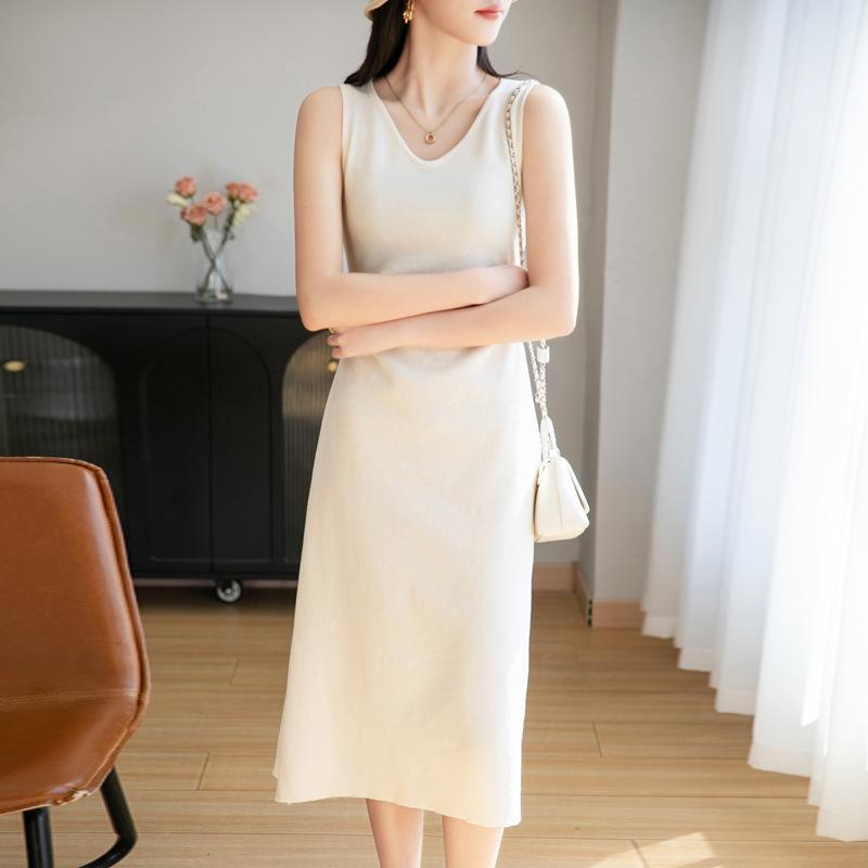 Summer New Style Imitation Silk Satin Sweater Suspender Dress for Women's Beads Ice Silk Vest Long Skirt Loose Medium Length