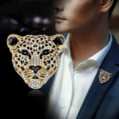 Retro Hollow Luxurious Leopard Head Leopard Brooch Male Ornaments Rhinestone Brooch Men Badges