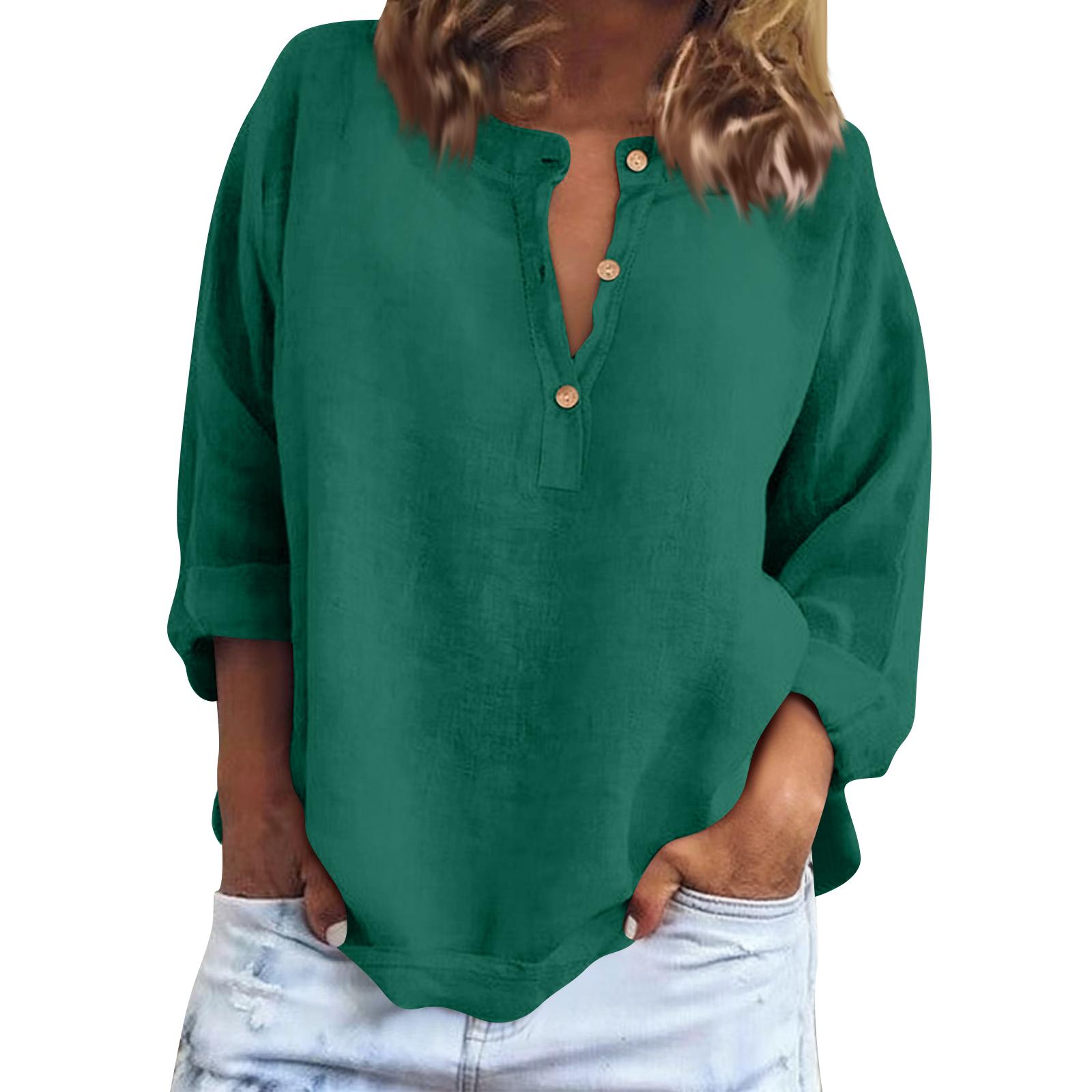 Women s Casual Linen V-Neck Button Down Long Sleeve Shirt XXL