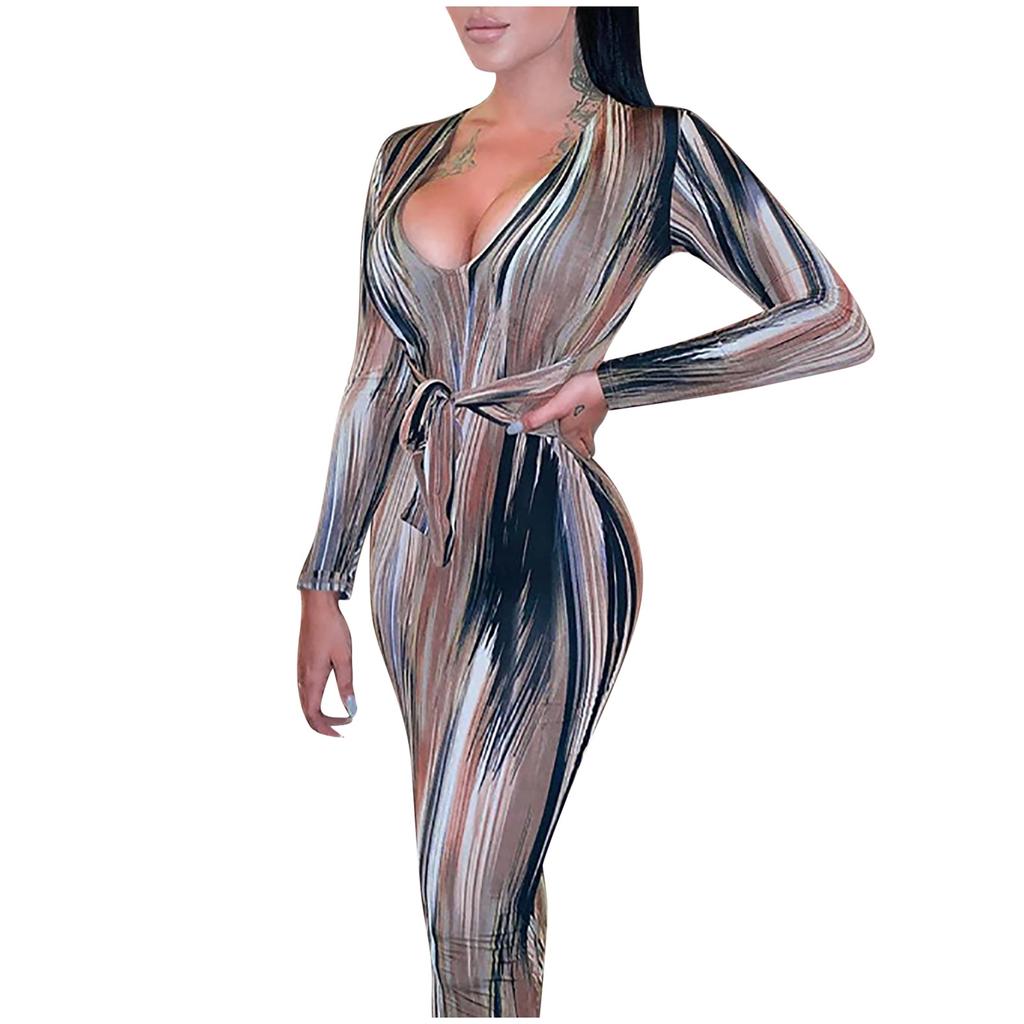 Fashion Womens Loose Personality Print Long Sleeve V-neck Dress Casual Dress