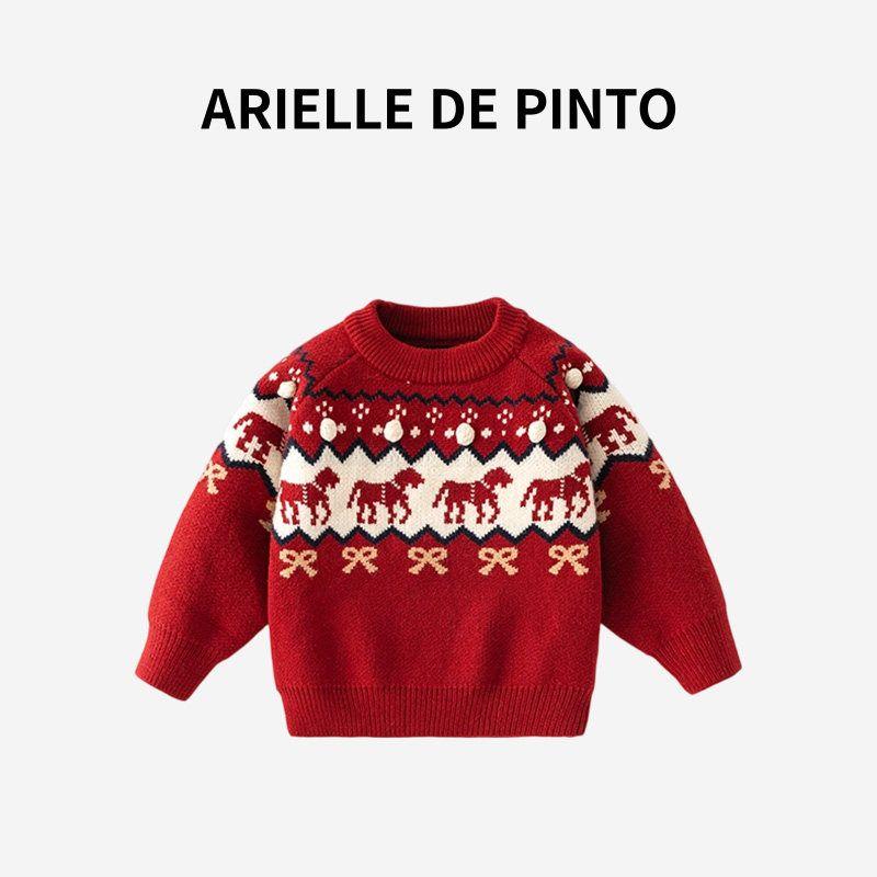 French Arielle De Pinto Winter Sweater for Boys and Girls, Year of the Horse New Year Greeting Outfit, Knitted Sweater, Little Horse Year Outfit Red 140