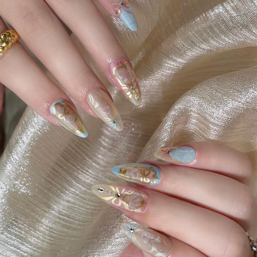 Artistic French Blue Waveing Fake Nail Almond Shapeds ABS Material Comfortable Wear No Tools Required