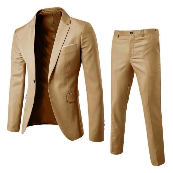 2 Adet/Takım Erkek Slim Fit Takım Elbise Yaka Uzun Kollu Tek Düğmeli Takım Elbise Ceket Orta Bel Uzun Pantolon Takımı Düz Renk İş Kıyafeti