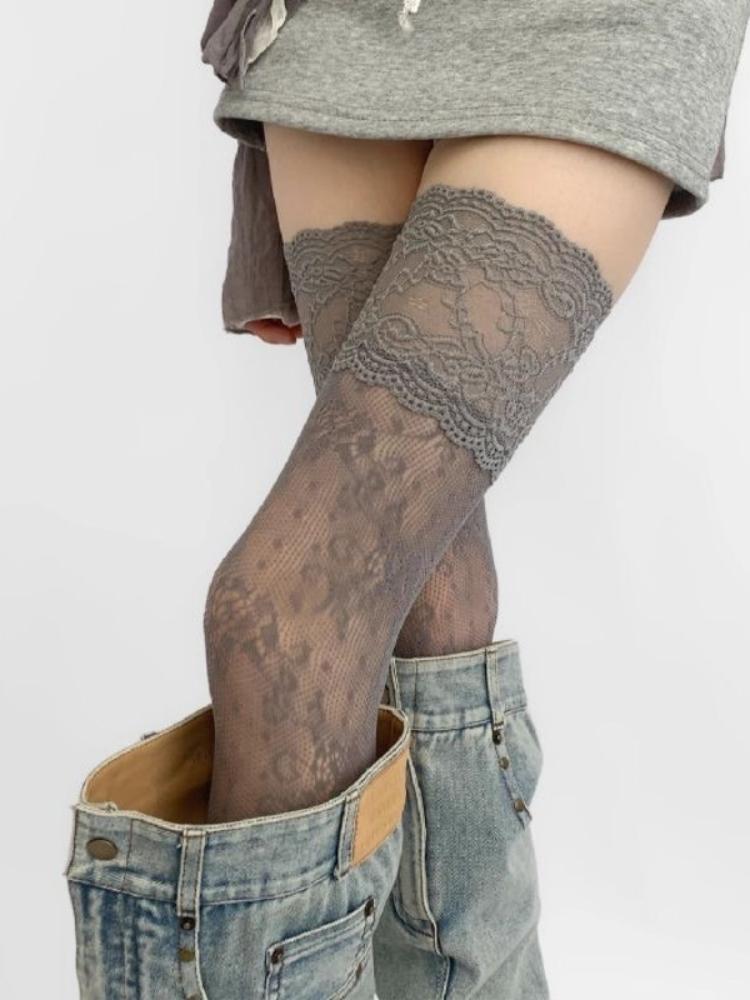 Women's Sexy Lace Trim Nylon Fishnet Stockings Retro Floral Sweet Mesh Breathable Thigh High Long Socks JK Over The Knee Socks