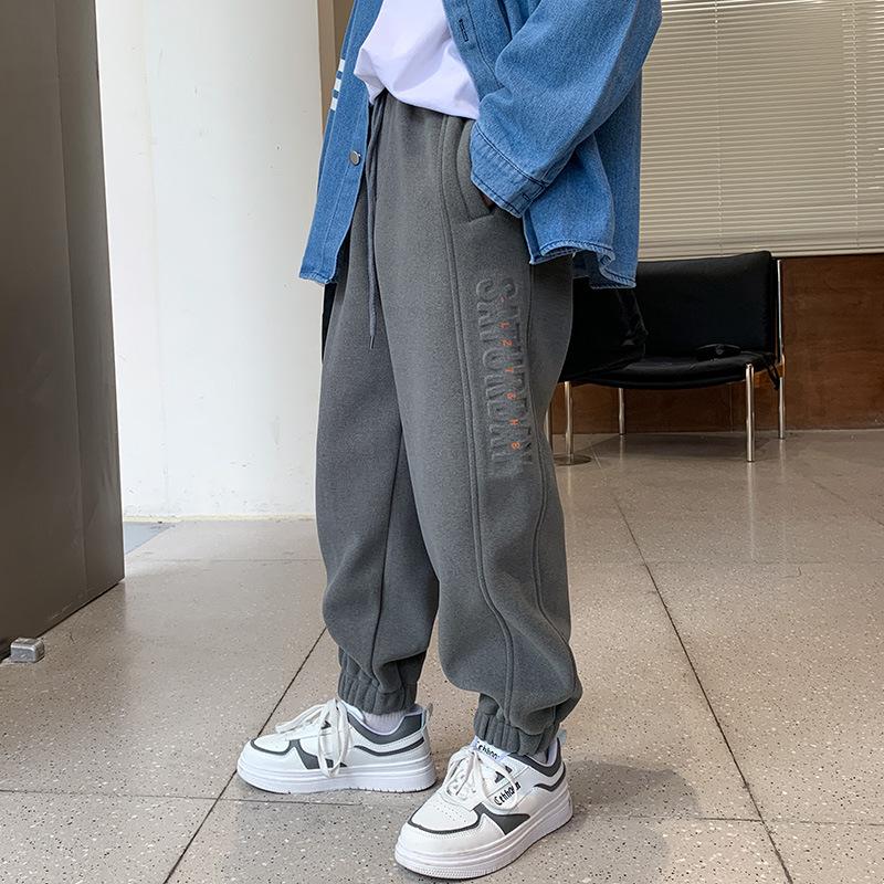 Boys Fleece Lined Solid Color Casual Sports Long Pants For Autumn Winter