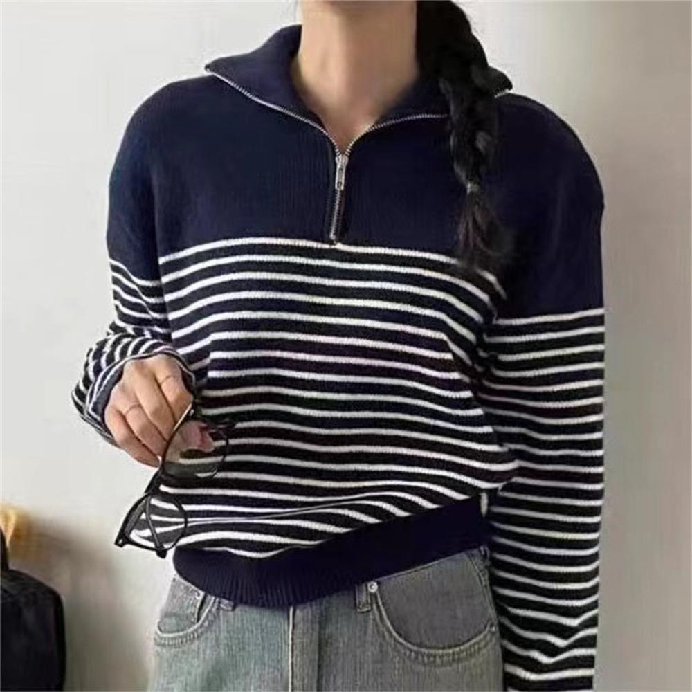 Women's French Retro Striped Half-Zip Knit Sweater - High Neck, Loose Fit for Autumn/Winter