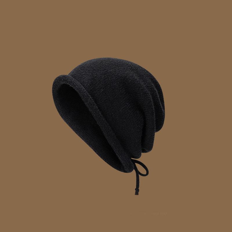 

Style Versatile Hat Fashionable Solid Color Drawstring Hatscaps Knitted чорний
