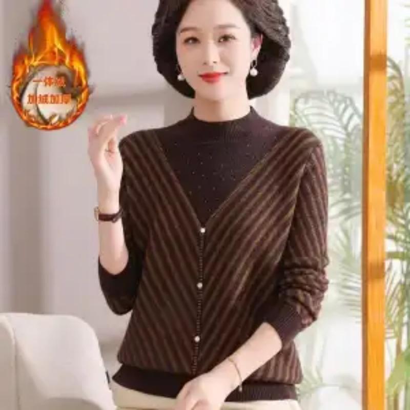 Autumn and Winter Mother Plus Velvet Sweater Half Turtleneck Base Thickened Loose Fitted Top the Elderly