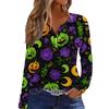 Women's Halloween Print V-Neck T-Shirt with Decorative Buttons Long Sleeve Casual Top