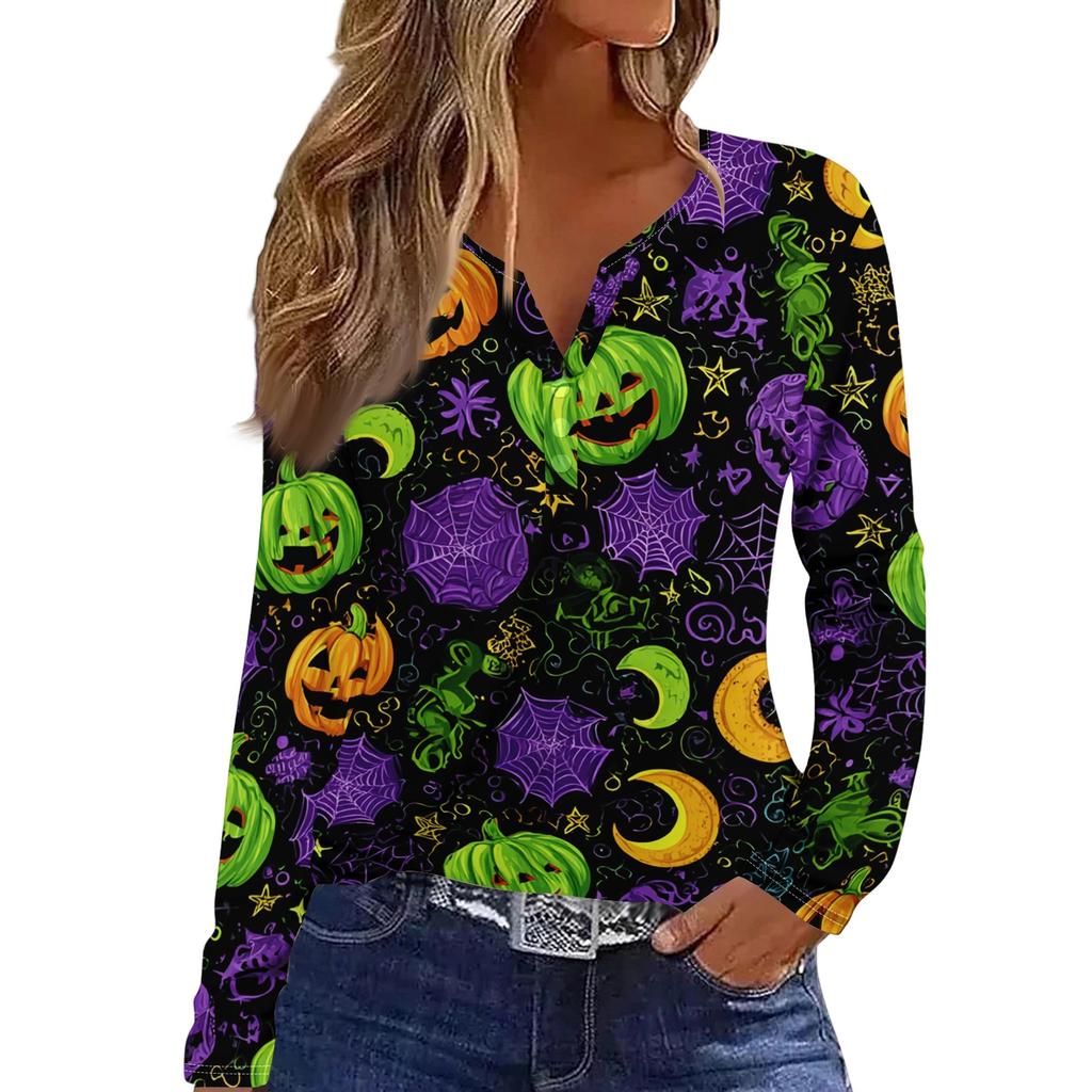 Women's Halloween Print V-Neck T-Shirt with Decorative Buttons Long Sleeve Casual Top