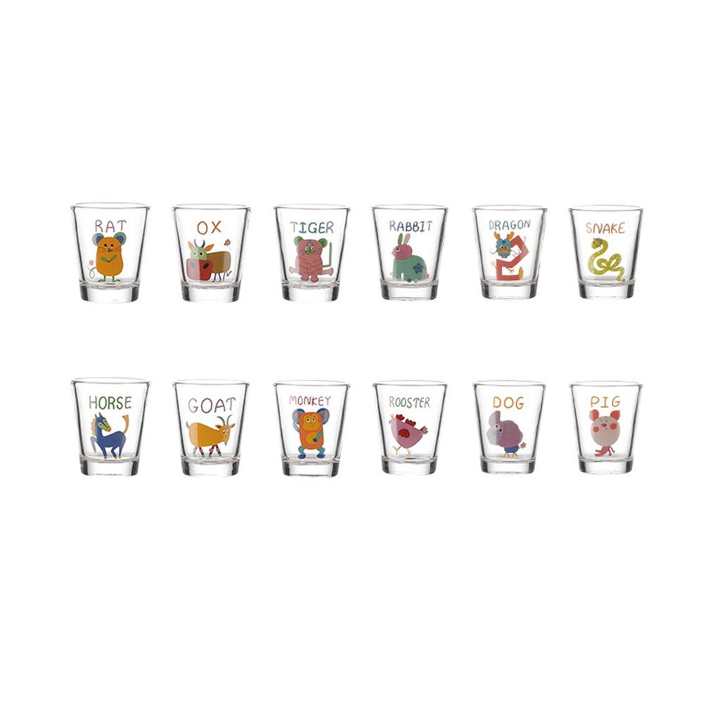 

12Pcs Chinese Zodiac Cocktail Cup Set 50ml Clear Juice Cups Ideal Gift Cartoon Glass Cup Household 12pcs