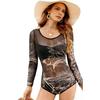 New One-piece Swimsuit Women's Long-sleeved Tight-fitting High-elastic and Thin Sexy Gauze Skirt European and American Spot Women's Swimwear