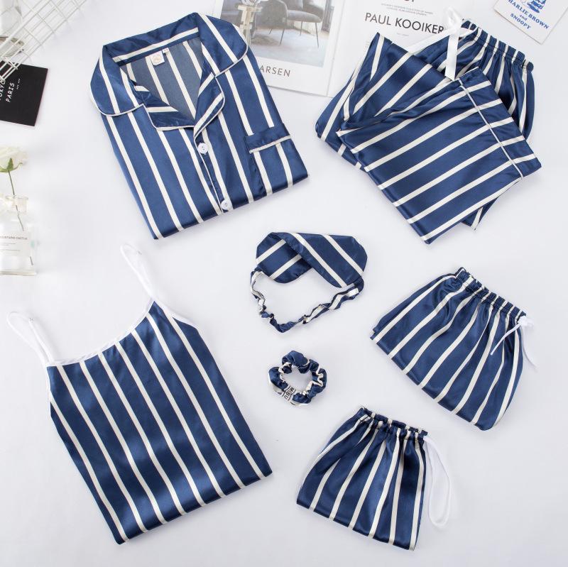 Sieben teiliges gestreiftes Pyjama-Set aus Kunstseide mit langärmeligem Cardigan und Camisole für Frühling und Herbst