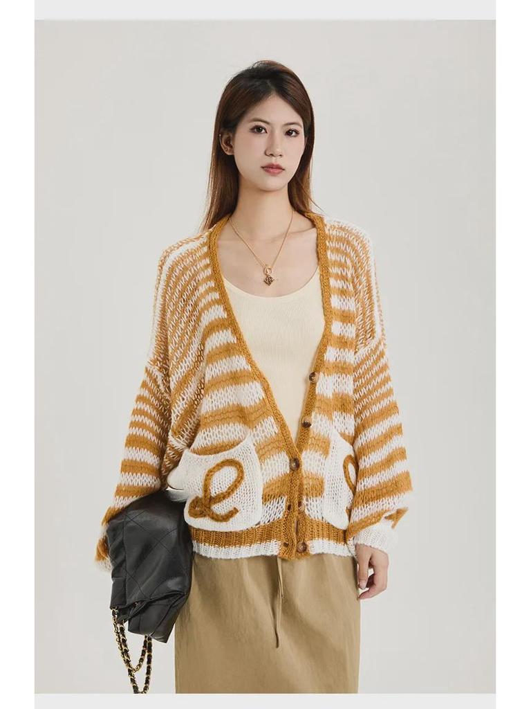 Women's Striped V-Neck Knit Cardigan Sweater - Lightweight, Loose, and Casual for Spring & Fall