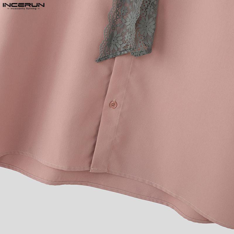 INCERUN Summer Men Lace Tie Up Short Sleeve Casual Oversized Shirts